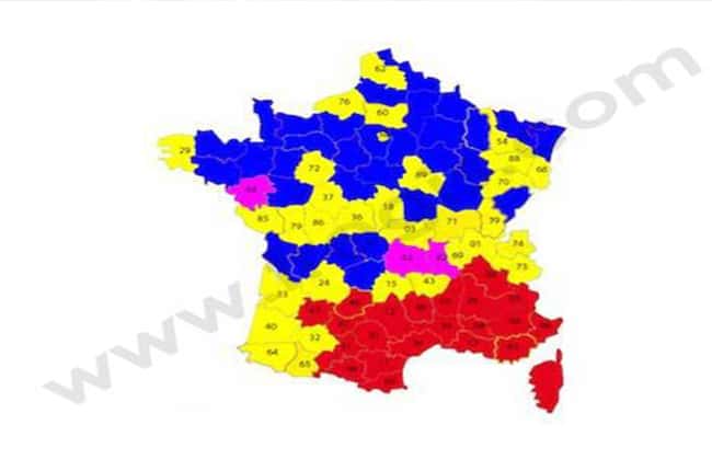 Carte de la répartition de la leishmaniose du chien en France.Rouge : départements dans lesquels la maladie est habituellement présenteFuchsia : départements dans lesquels des cas autochtones ont été recensés depuis 2005Jaune : départements dans lesquels des cas autochtones ont été recensés avant 2005